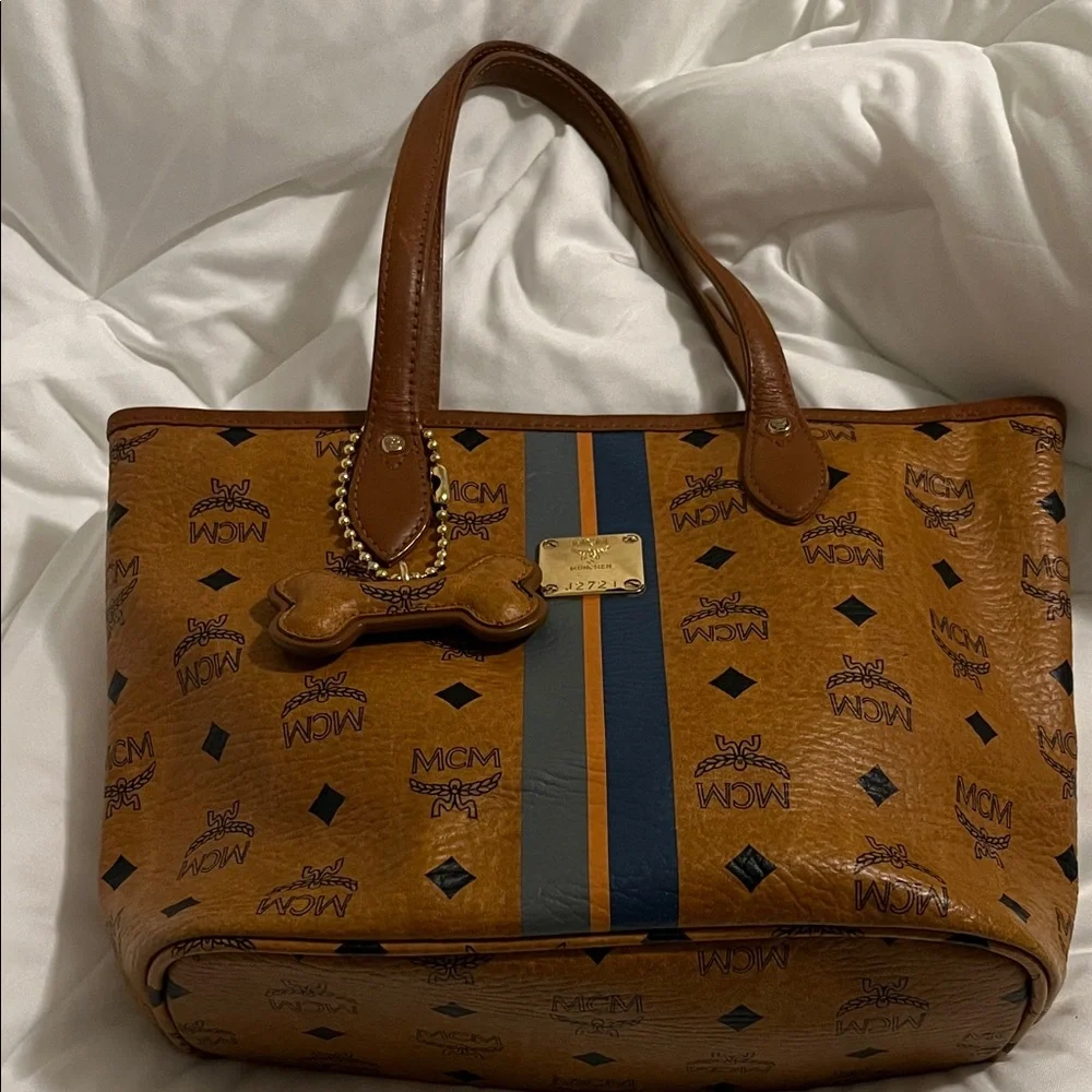 MCM Cognac Brown Visetos Small Tote with Navy and Orange Stripes